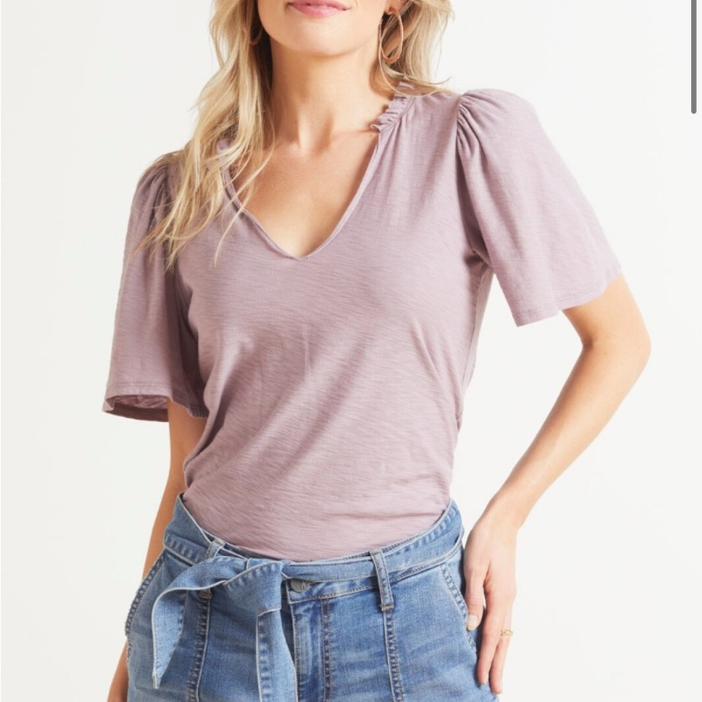 Nation Ltd Women’s Tierra Flirty Tee Purple Ruffle V Neck Top Evereve Sz M